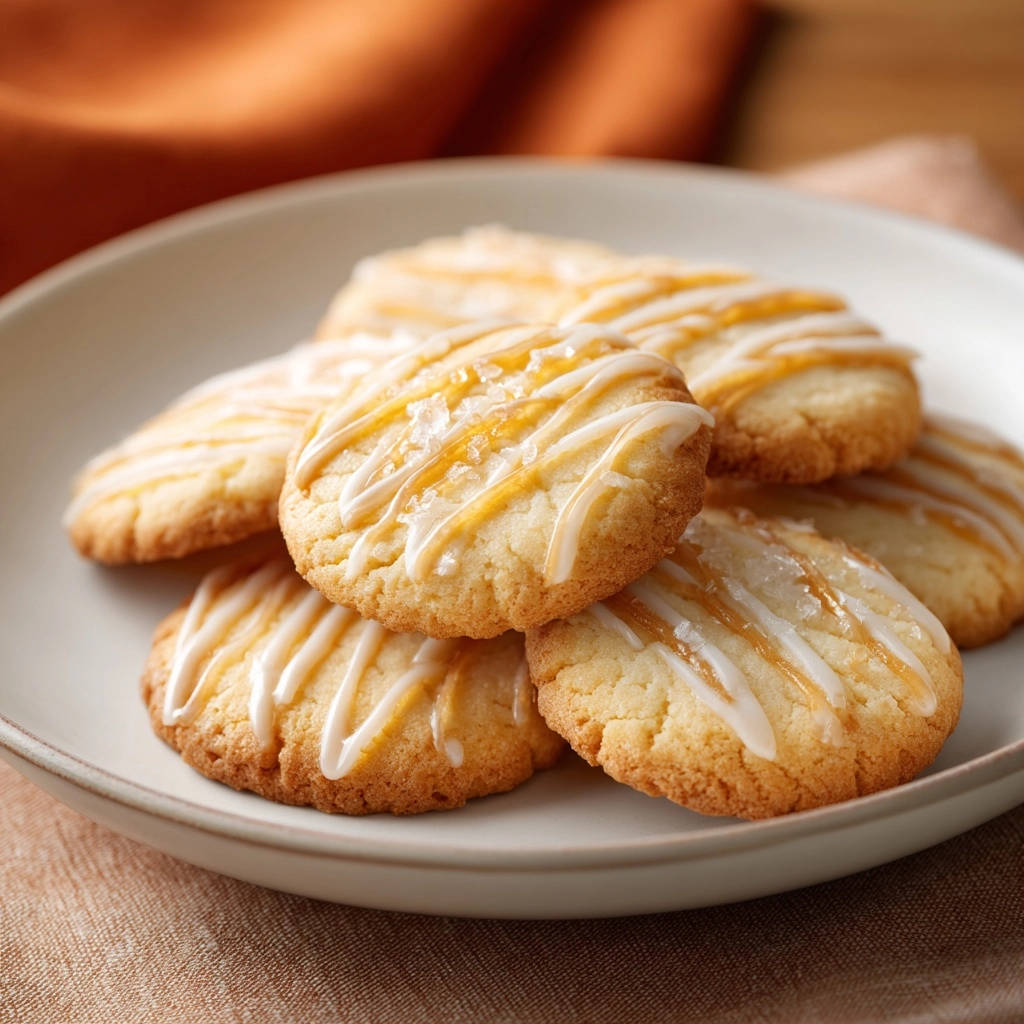 Tender salted caramel glaze cookies with a close-up view of the drizzled icing and coarse salt topping.