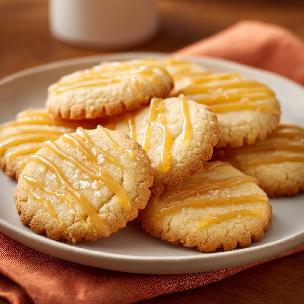 Tender salted caramel glaze cookies with a glistening drizzle and visible sea salt crystals on a plate.