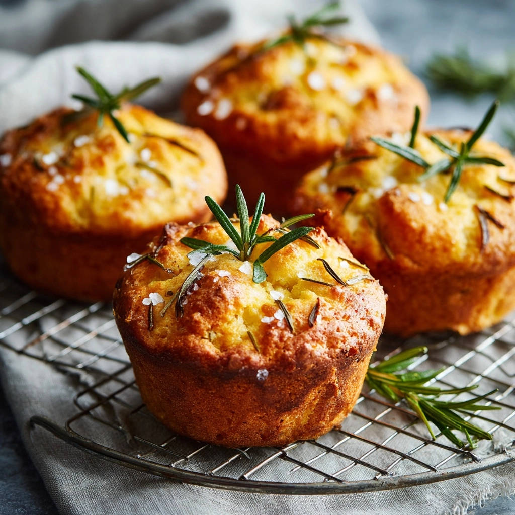 Savory rosemary salt muffins cooling on a wire rack, garnished with fresh rosemary sprigs and coarse salt.