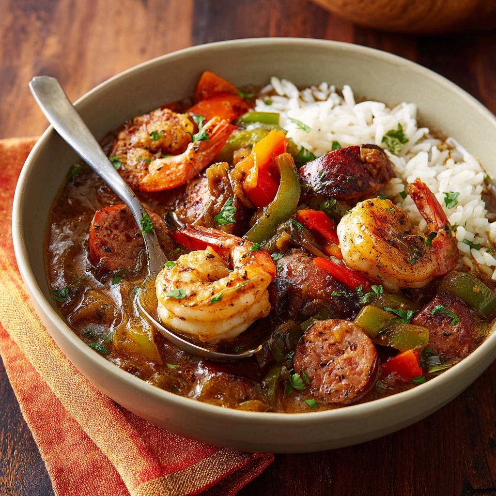 Hearty shrimp and smoked sausage gumbo with a spoonful showing the rich broth and ingredients.
