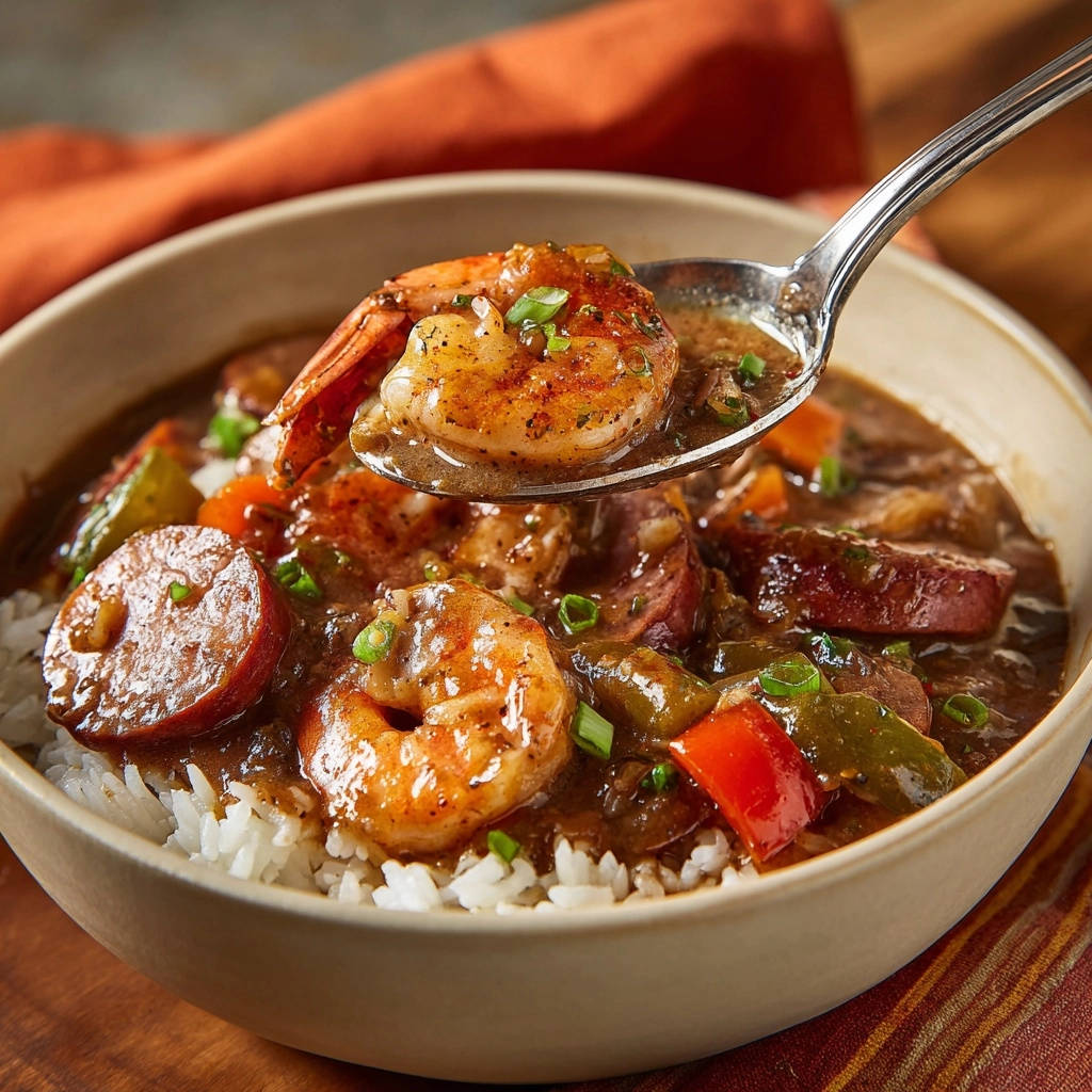 Hearty Shrimp and Smoked Sausage Gumbo served over rice, with a spoonful showing shrimp and sausage close-up.