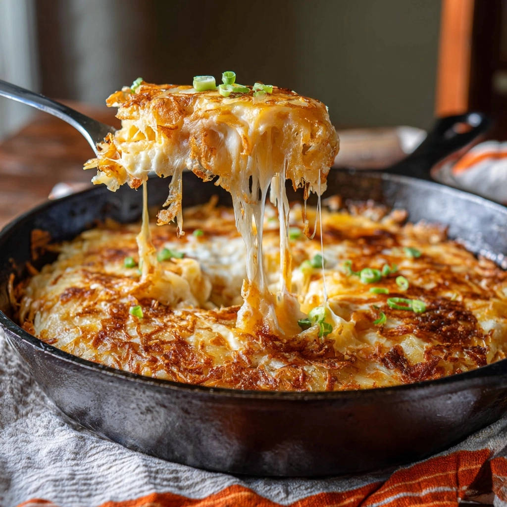 Skillet cheesy potato bake with a generous cheese pull being lifted on a spatula, garnished with green onions.