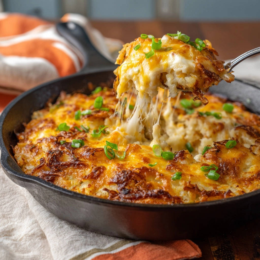Skillet cheesy potato bake with a spoonful lifting out, showing a gooey cheese pull and golden crust.