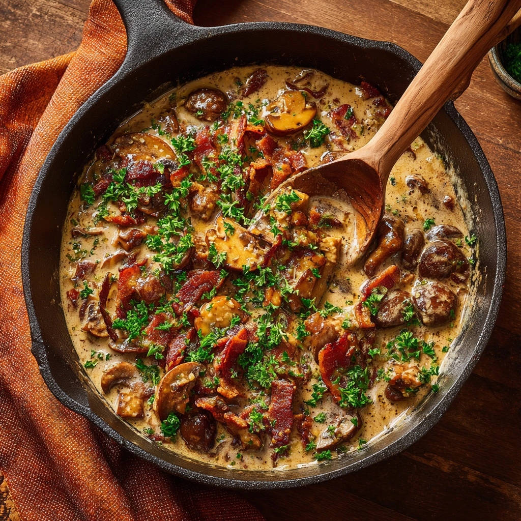 Skillet creamy mushrooms and crispy bacon shown from an overhead view with a wooden spoon scooping a portion of the dish.