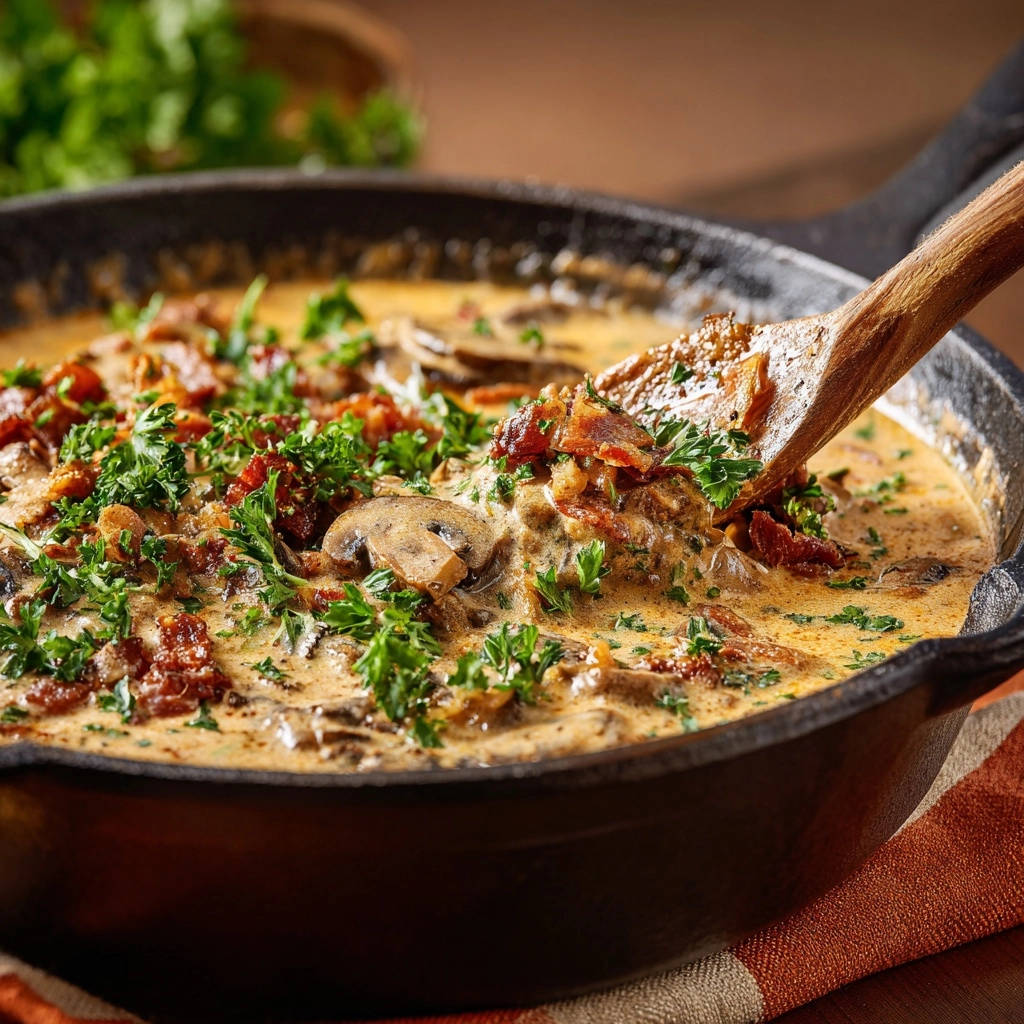 Skillet creamy mushrooms and crispy bacon being scooped with a wooden spoon, garnished with fresh parsley.