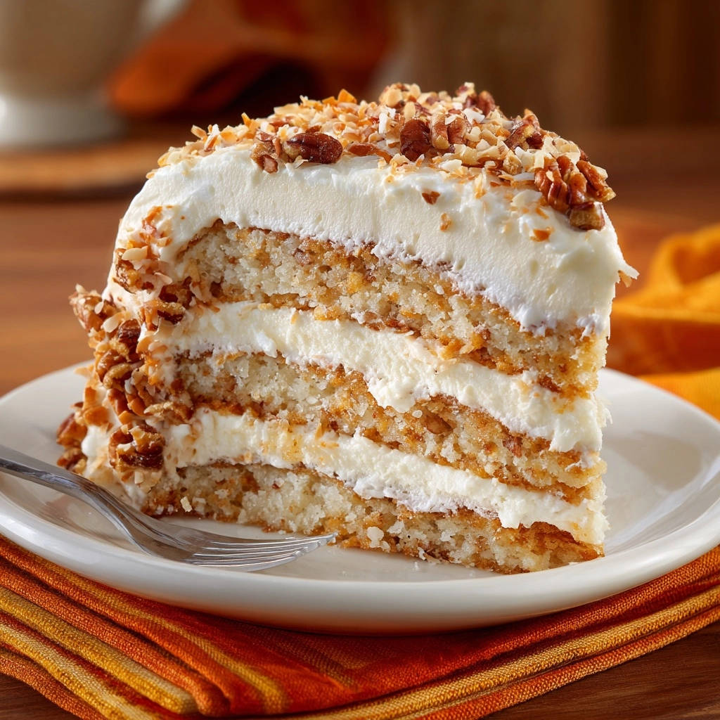 Southern-style hummingbird cake slice showing layers of cake and cream cheese frosting, topped with nuts and coconut.