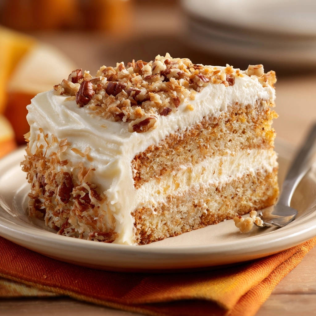 Southern-style hummingbird cake slice showing layers of moist cake and creamy frosting, topped with nuts.