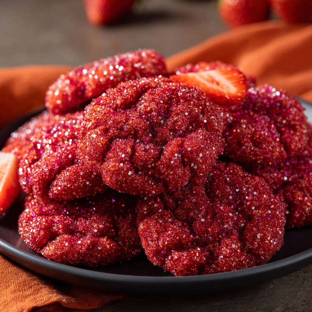 Sparkling strawberry crinkle cookies are piled high on a black plate, coated in shimmering red sugar crystals.