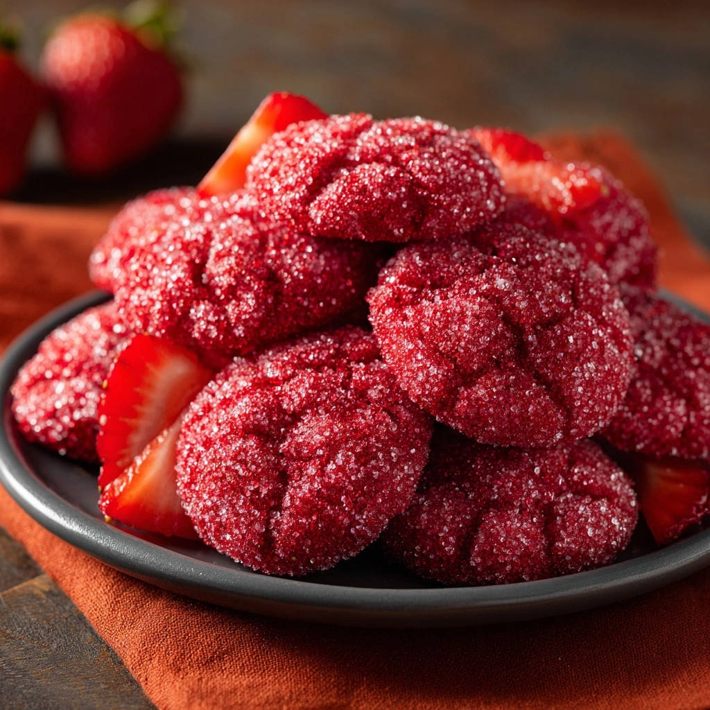 Sparkling strawberry crinkle cookies piled high on a plate, coated in sugar with fresh strawberry slices.