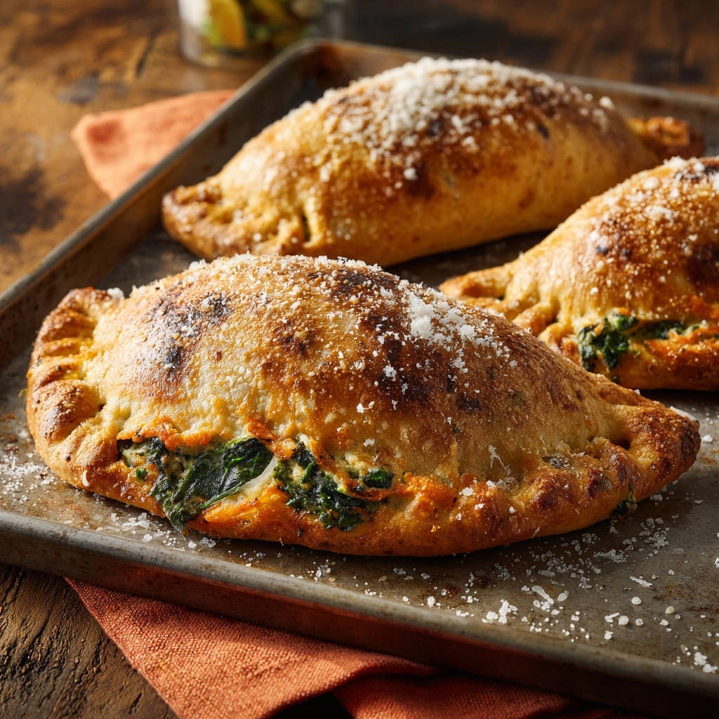 Spinach and ricotta calzones with a golden crust and grated cheese topping, showcasing a close-up view of the baked pastry.