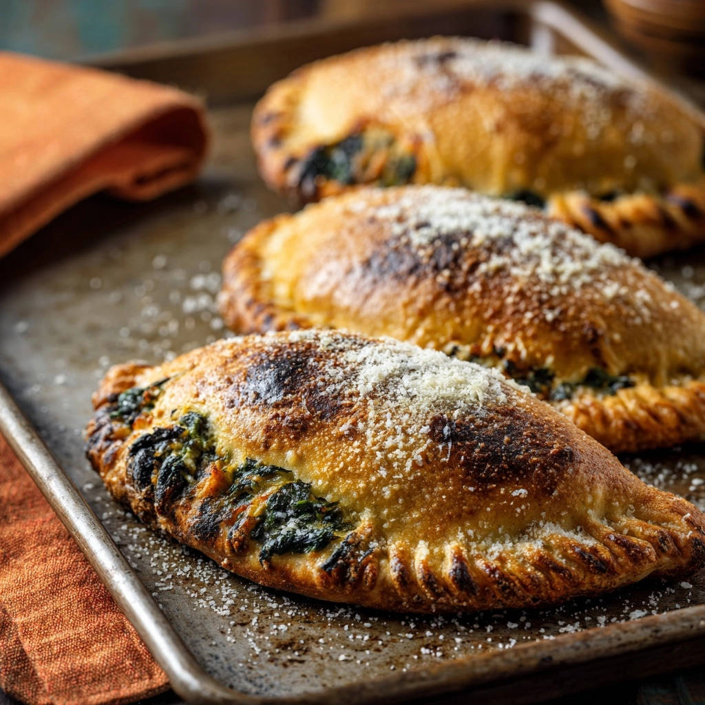 Spinach and ricotta calzones with a golden, slightly charred crust, sprinkled with grated cheese.