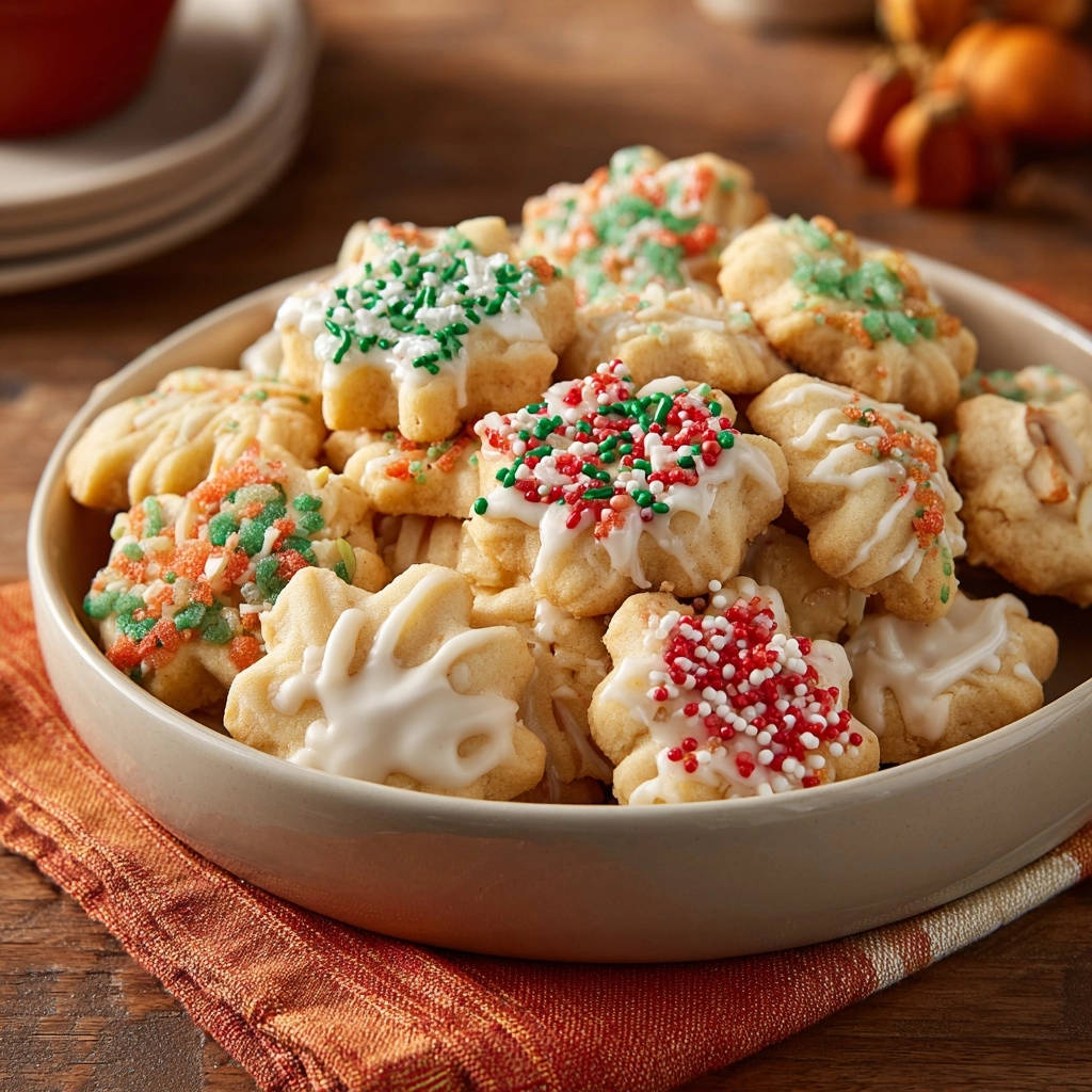 Classic Spritz Cookies piled high in a bowl, decorated with red and green sprinkles and white icing.