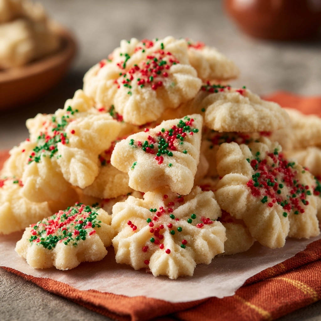 Classic Spritz Cookies piled high and decorated with red and green sprinkles for a festive holiday treat.