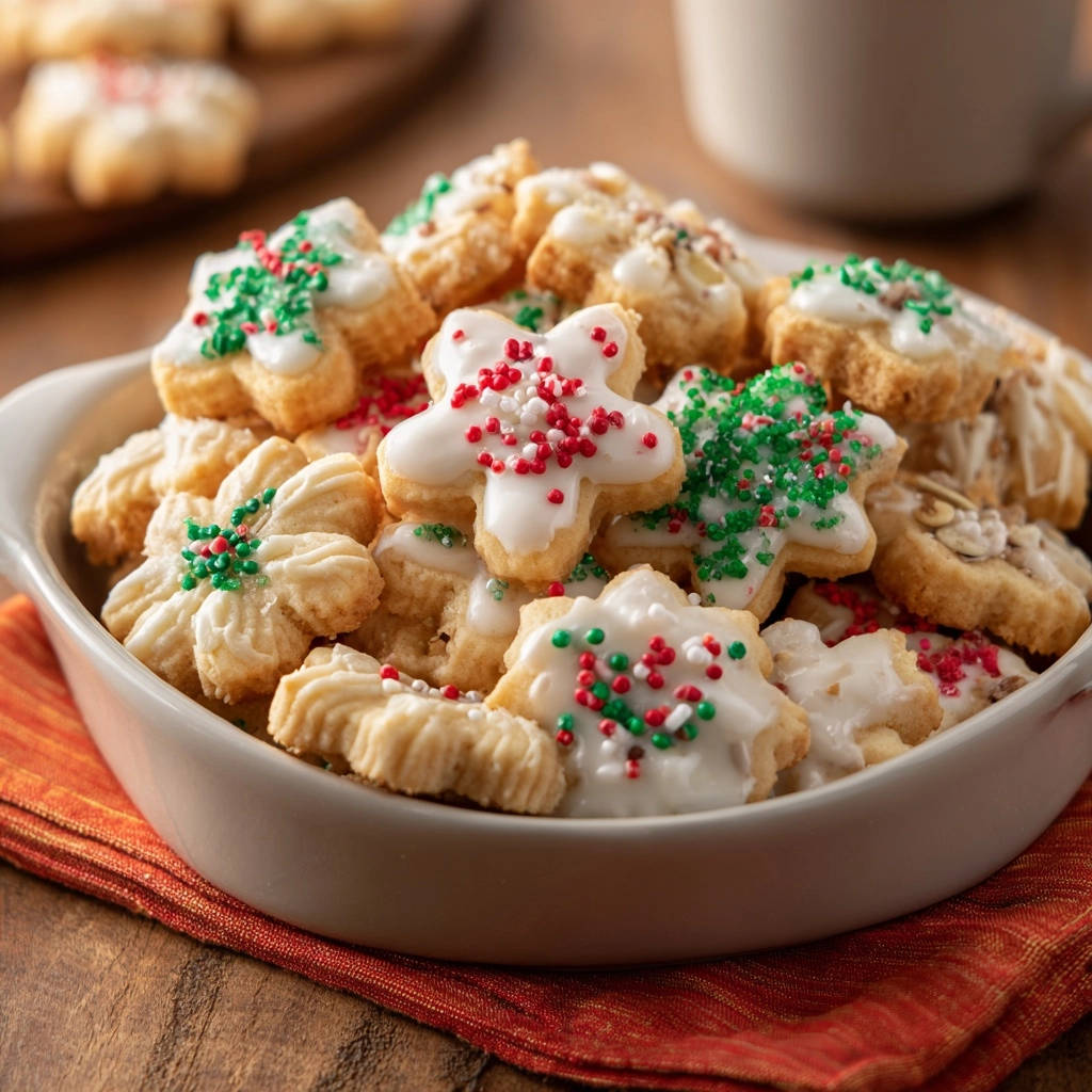 Classic Spritz Cookies decorated with white icing and festive red and green sprinkles in a bowl.