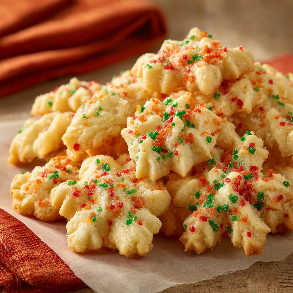 Classic spritz cookies generously sprinkled with festive red and green sugar, piled high.