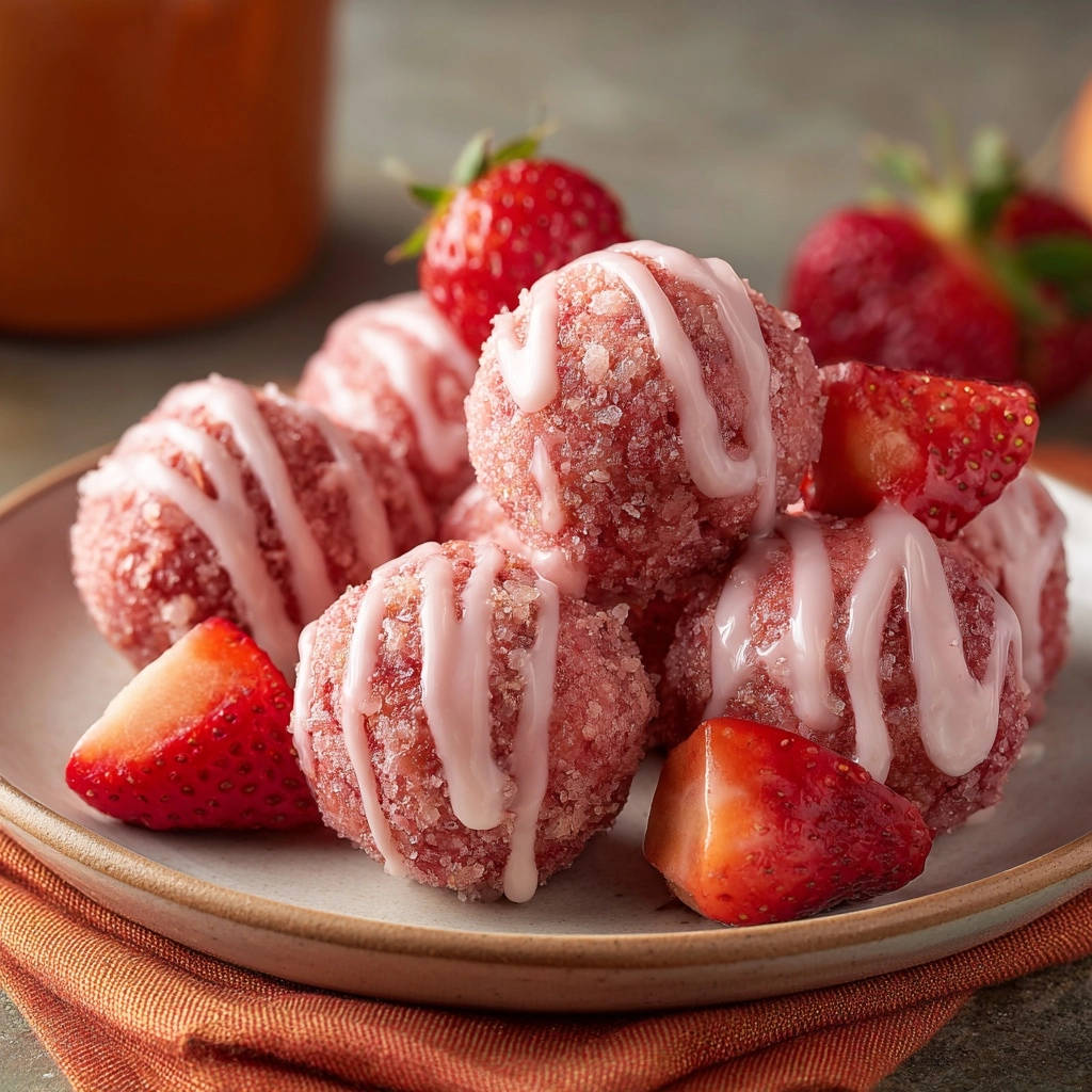 Irresistible Strawberry Bliss Bites drizzled with pink glaze, served on a plate with fresh strawberries.