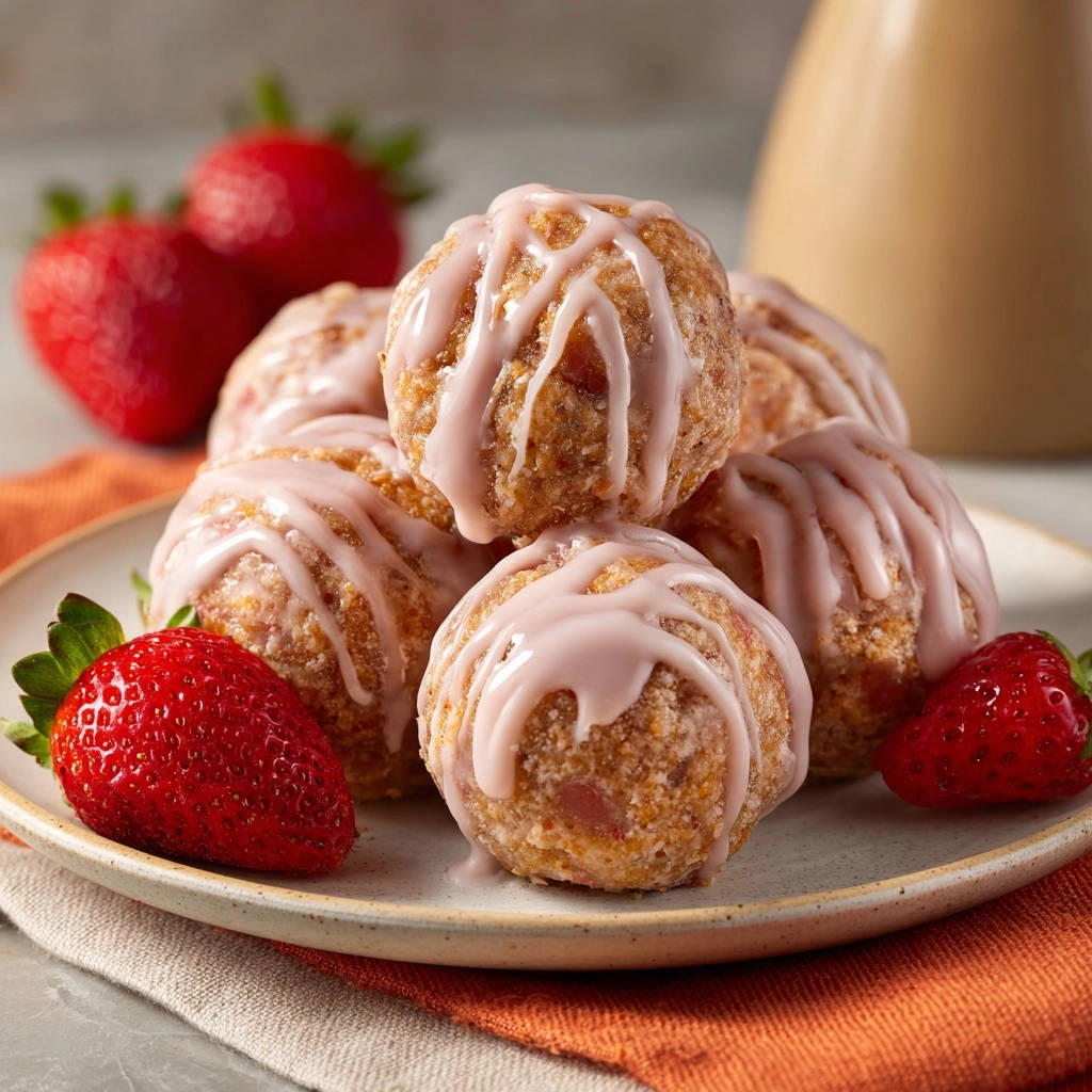 Strawberry Bliss Bites drizzled with pink glaze, presented on a plate with fresh strawberries.