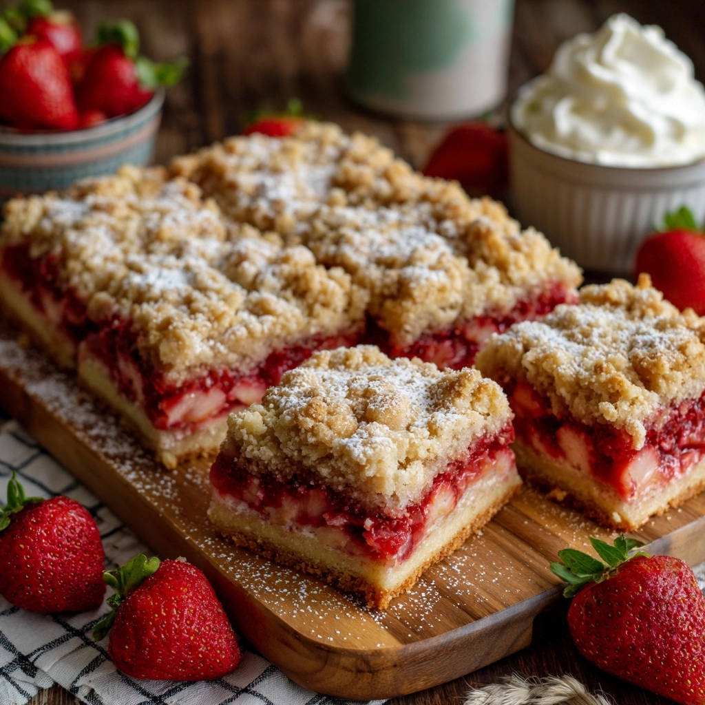 Strawberry cream crumb bars showing a juicy strawberry filling and crumb topping, sliced on a wooden board.