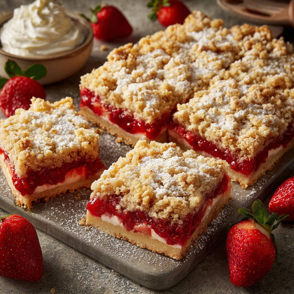 Strawberry cream crumb bars with a close-up cross-section revealing the layers and crumb topping.