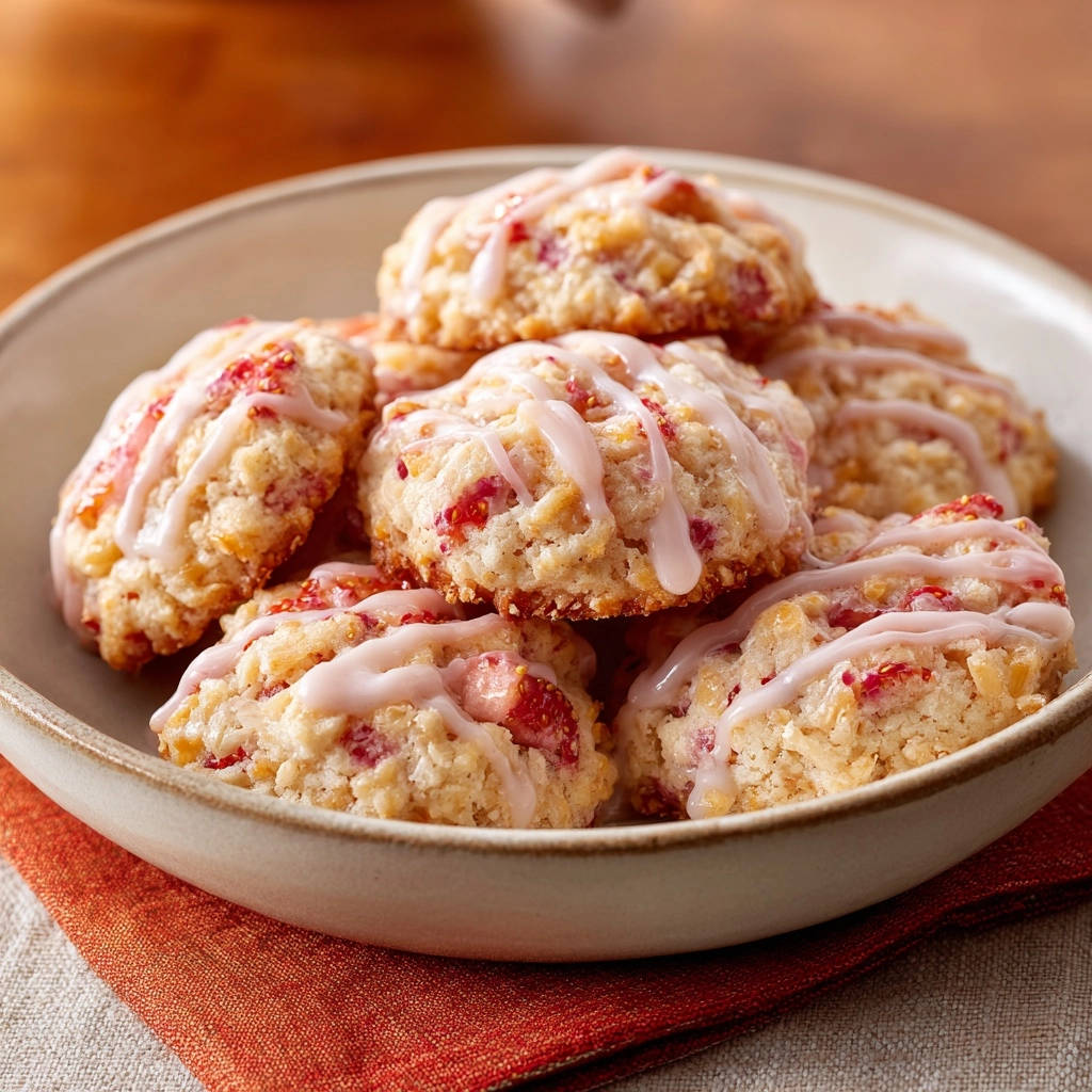 Strawberry cream drop cookies wonderfully soft and tender bites, with a close-up view of the drizzled pink glaze.