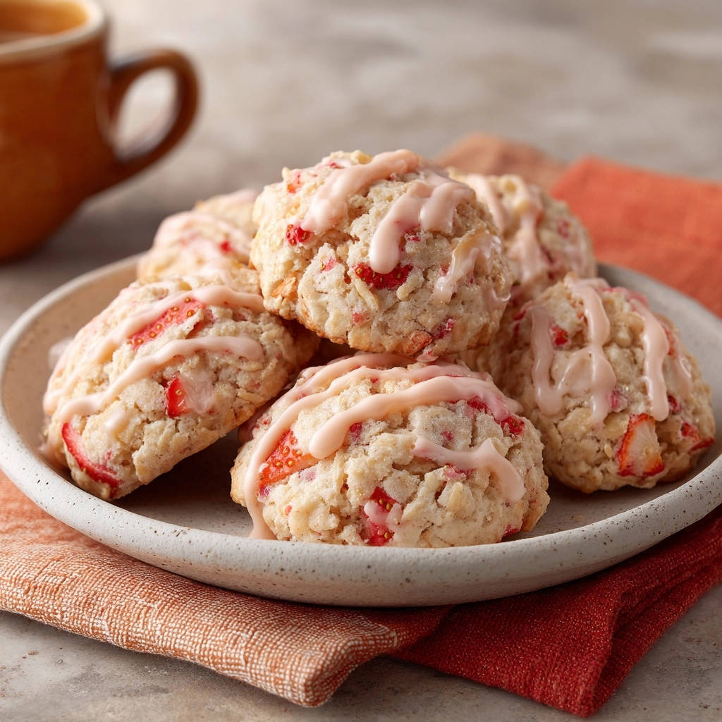 Strawberry cream drop cookies wonderfully soft and tender bites drizzled with pink glaze in a close-up detail shot.