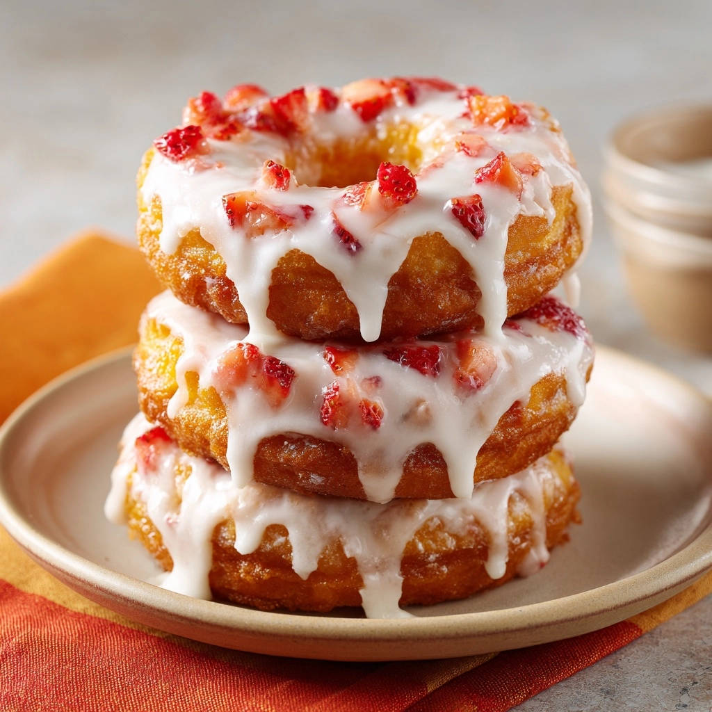 Strawberry glazed donuts stacked in a close-up view, showing detailed glaze and fresh strawberry pieces.