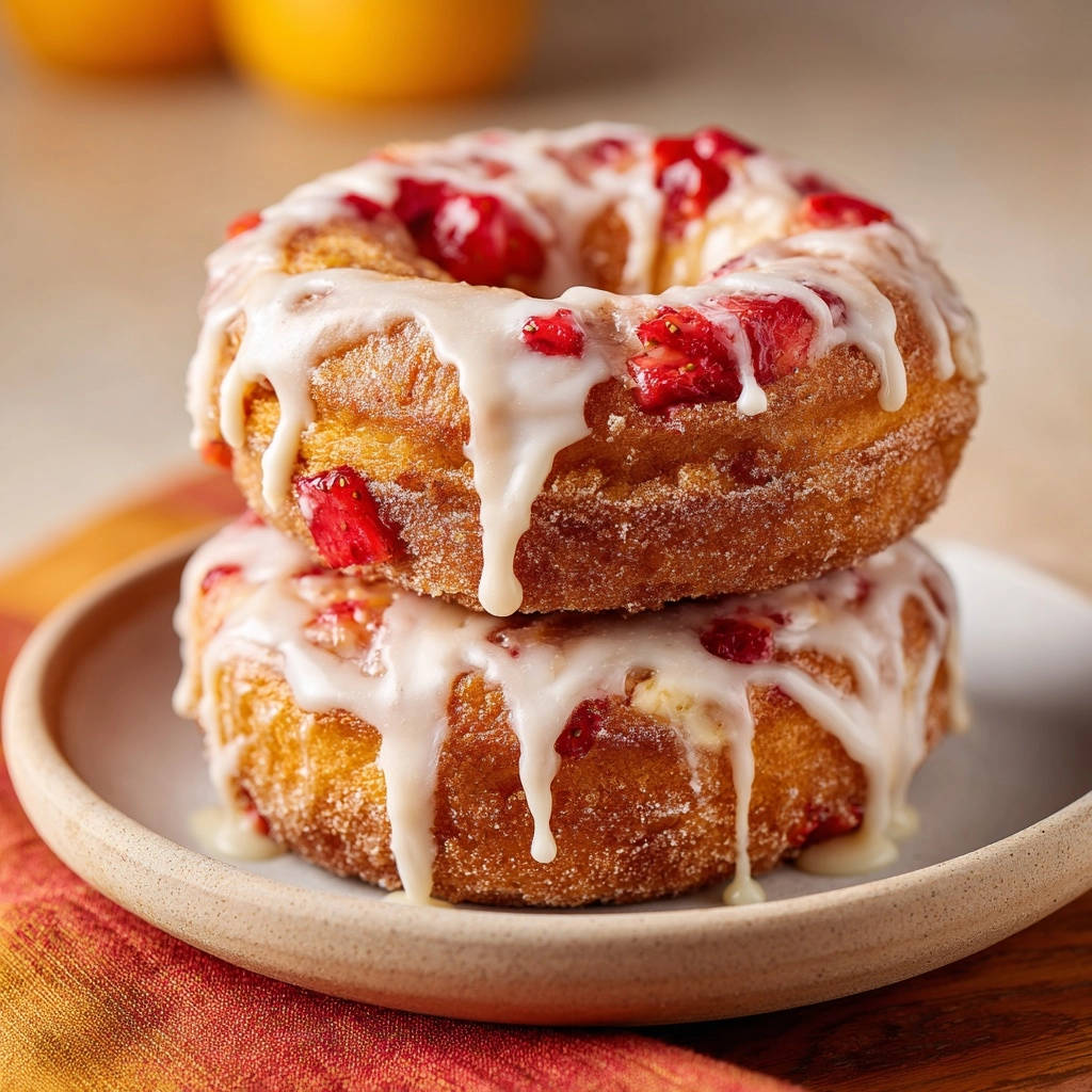 Strawberry glazed donuts stacked on a plate, showing a close-up of the drizzled white icing and fresh strawberry pieces.