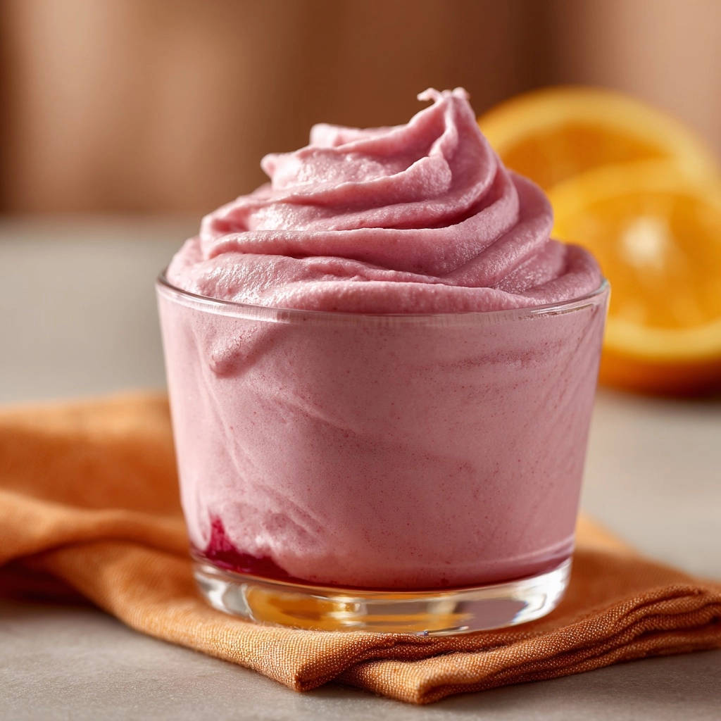 Strawberry Orange Fluff showing its airy texture and delicate swirl in a clear glass.
