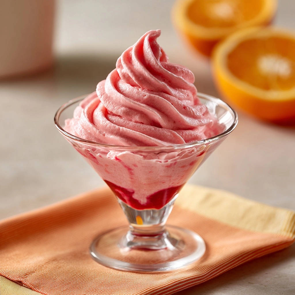 Strawberry orange fluff dessert with a beautiful swirl, served in a clear glass dish with a berry sauce.