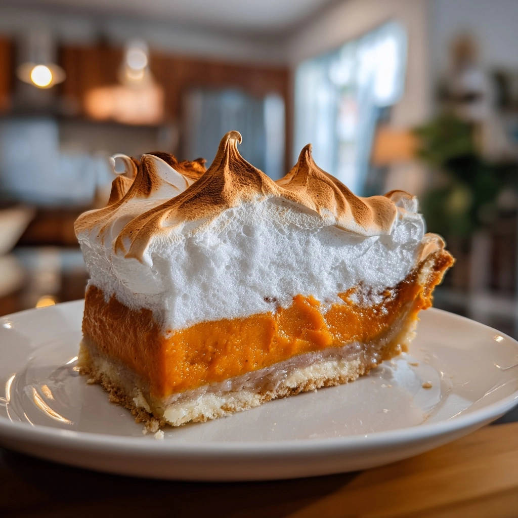 Classic sweet potato meringue pie slice showing layers of crust, filling, and toasted meringue topping.