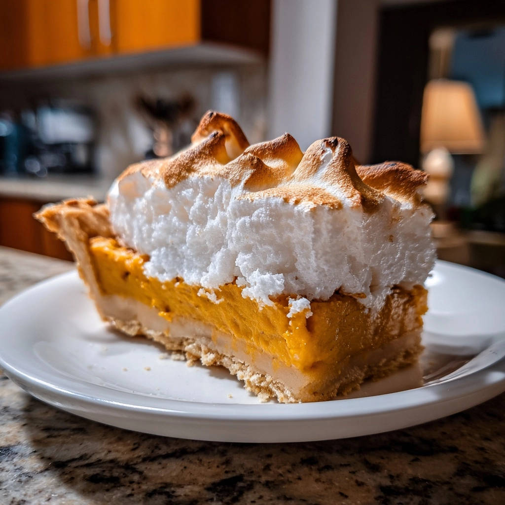 Classic sweet potato meringue pie slice showing a perfect cross-section of layers and toasted meringue topping.