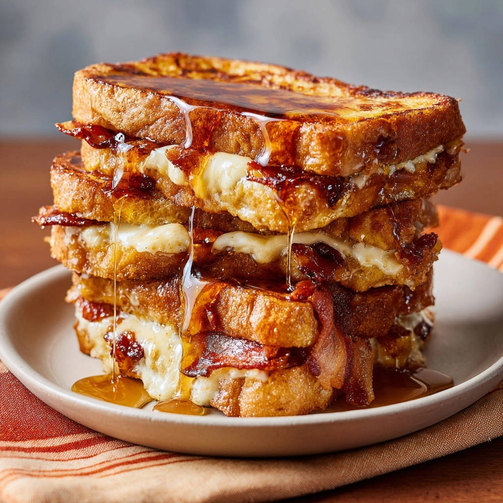 Sweet & Savory French Toast Stacks, a gooey stack with melted cheese and bacon, drizzled with syrup.