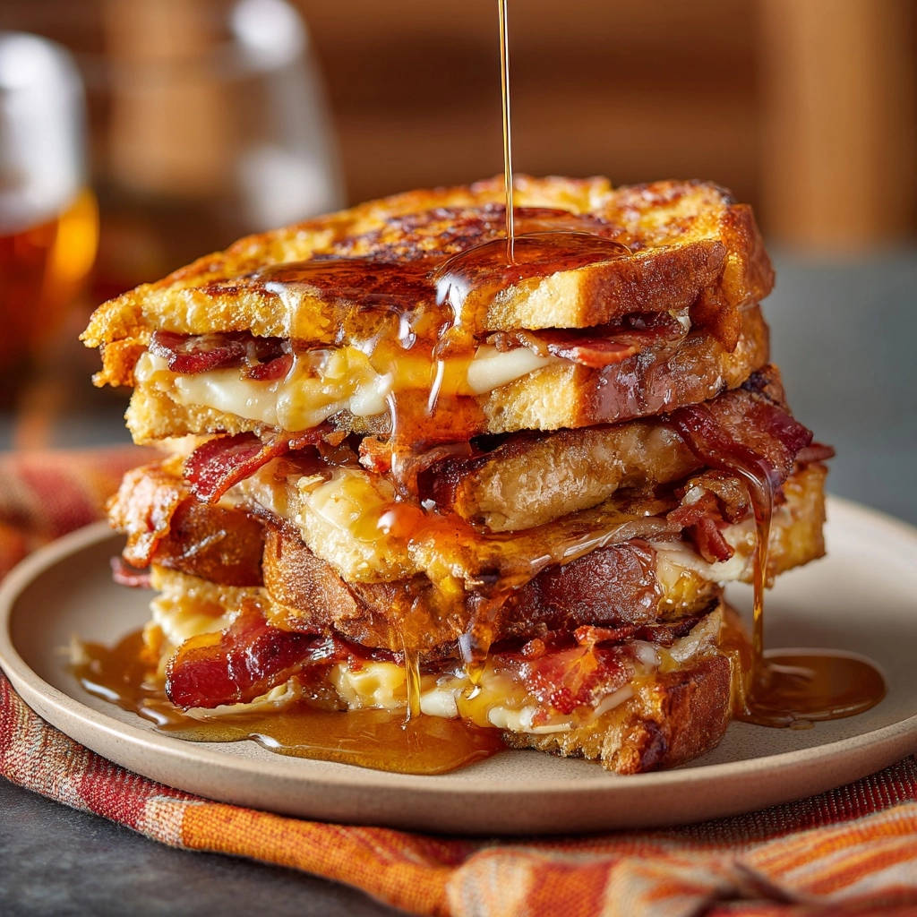 Sweet & Savory French Toast Stacks with bacon and cheese, drizzled generously with maple syrup.