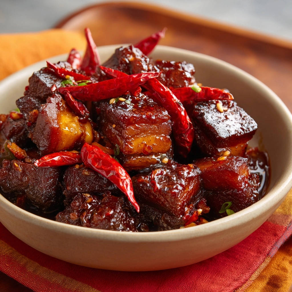 Sweet & Sticky Braised Cubes served in a bowl, showcasing tender meat and whole dried chilies.