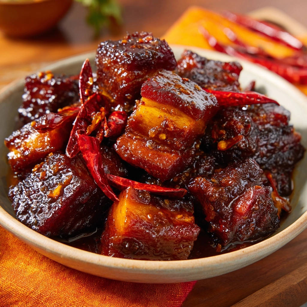 Sweet & sticky braised cubes shown in a close-up showing the glistening glaze and texture.