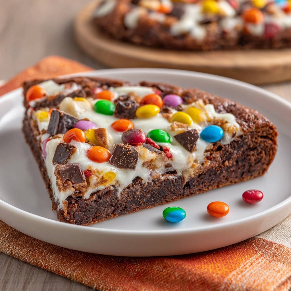 Ultimate dessert pizza slice with colorful candy toppings and fudgy brownie base on a white plate.