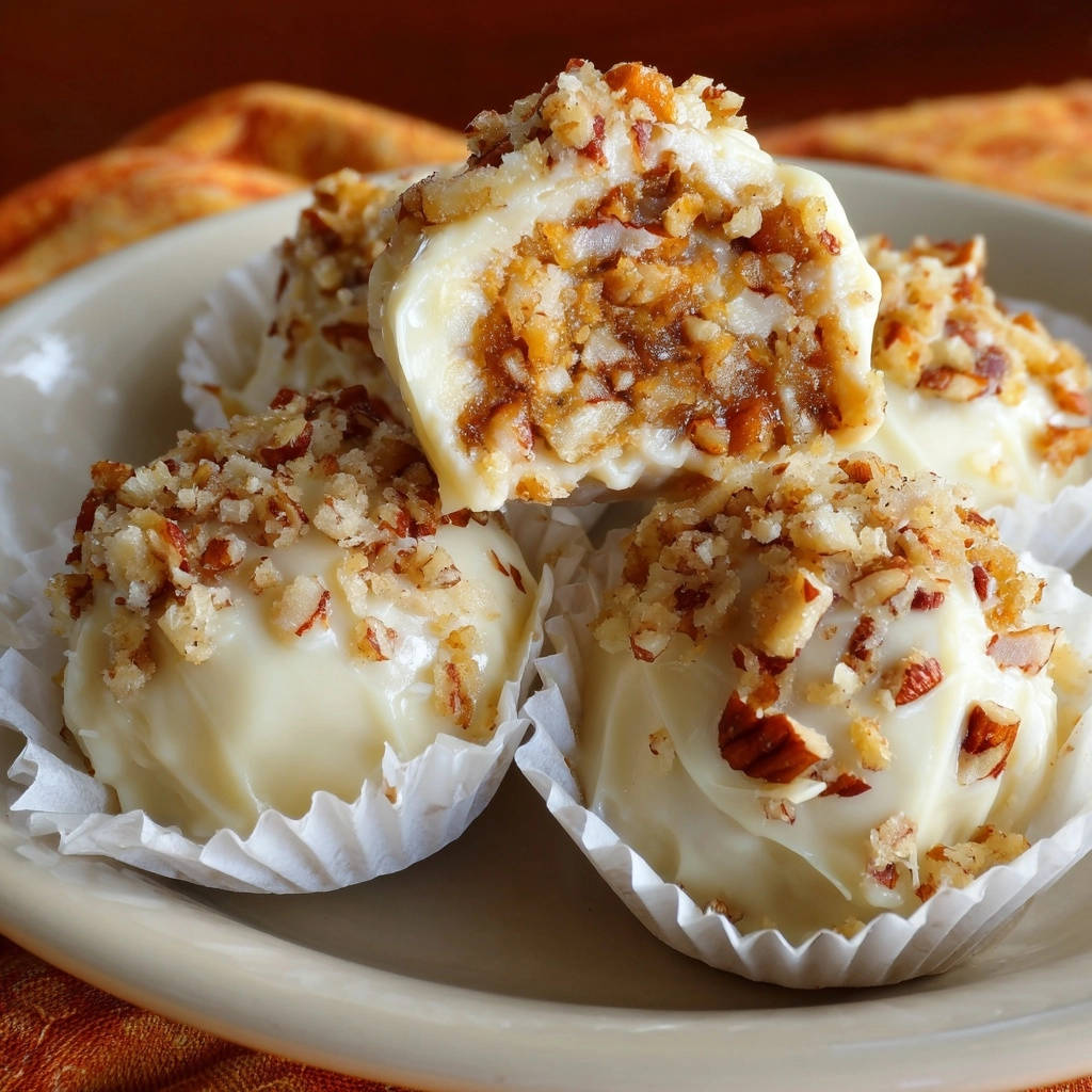 Decadent white chocolate pecan truffles showing a cross-section of the nutty interior, garnished with chopped pecans.