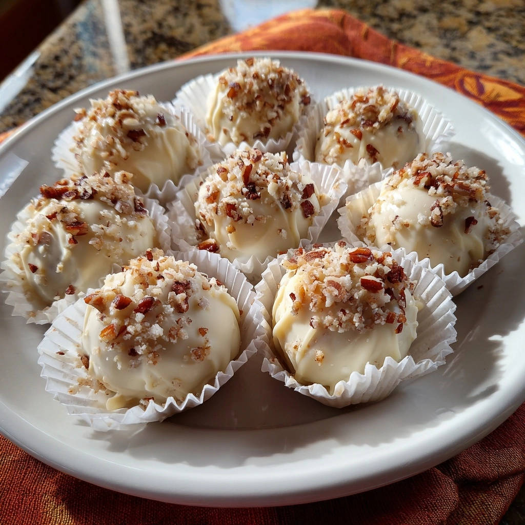 Decadent white chocolate pecan truffles arranged on a white plate, showcasing their white chocolate coating and pecan topping.