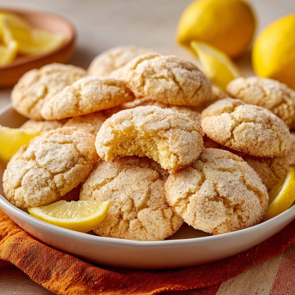 Zesty lemon crinkle cookies with a bite taken out, showing the soft, chewy interior texture.
