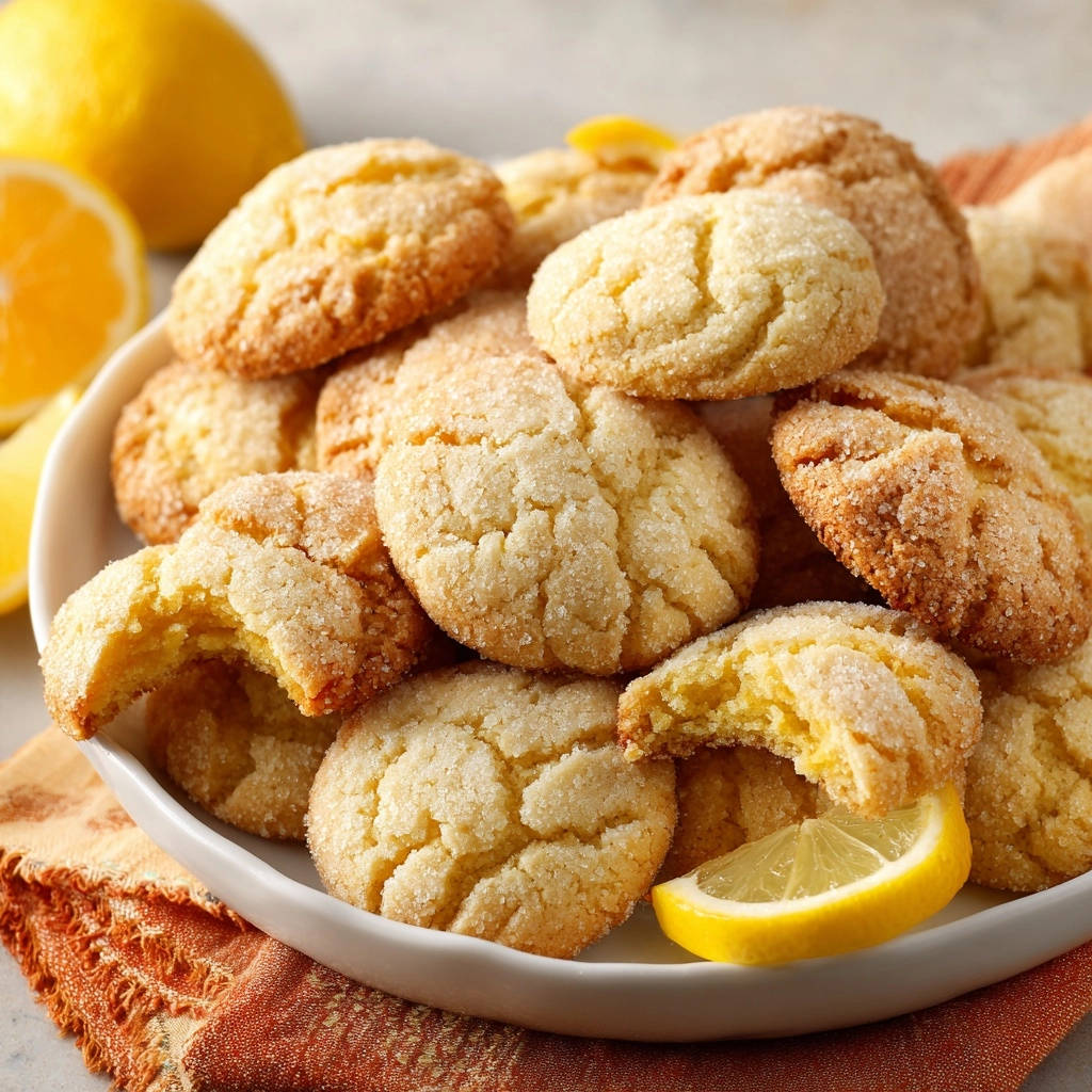 Zesty lemon crinkle cookies piled high in a bowl, with a lemon slice garnish.