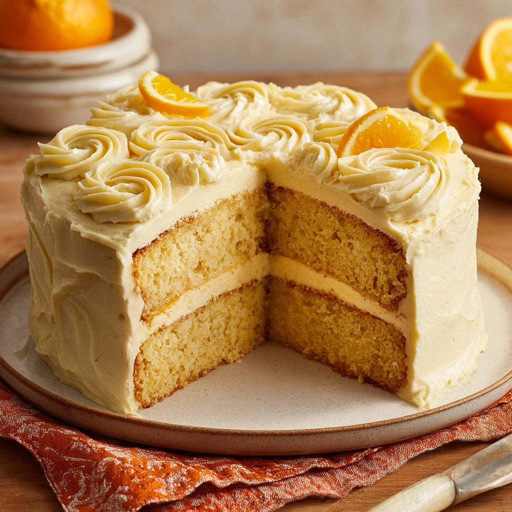 Zesty orange layer cake cross-section showing moist cake layers and creamy frosting, garnished with orange slices.