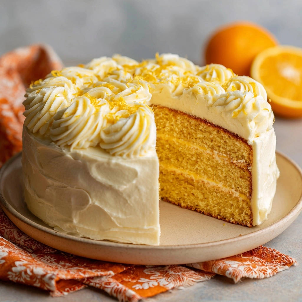 Zesty orange layer cake with a slice removed, showcasing its moist interior and creamy frosting.