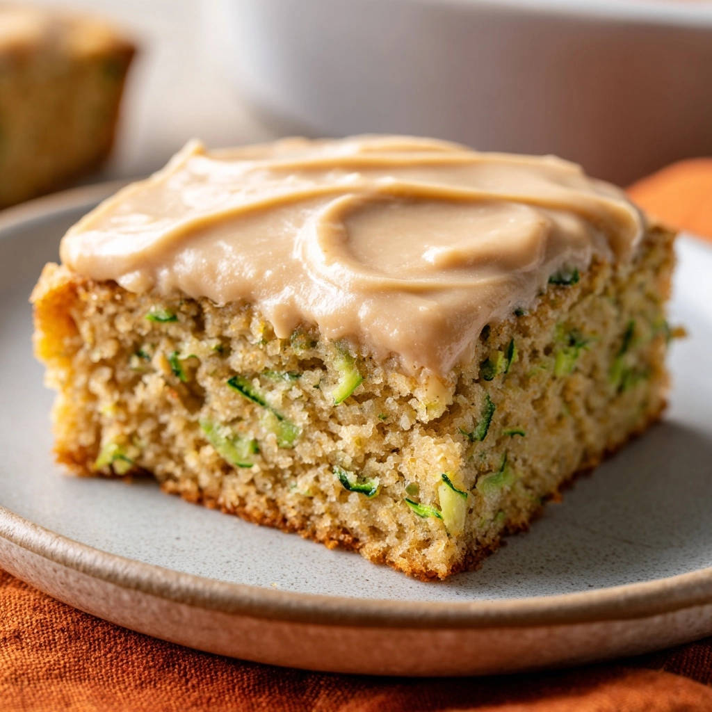 Zucchini cake with browned butter frosting, a close-up of a moist slice showing shredded zucchini and creamy frosting.
