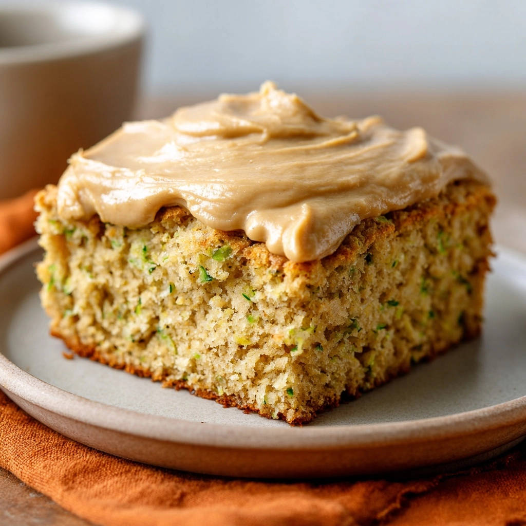 Zucchini cake with browned butter frosting, a close-up slice on a plate showing its moist texture.