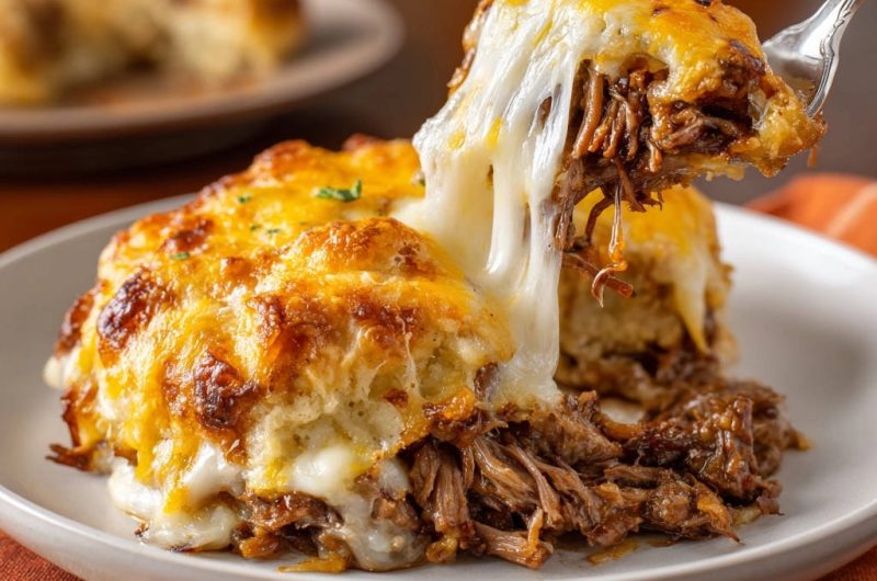 Cheesy Shredded Beef & Biscuit Bake