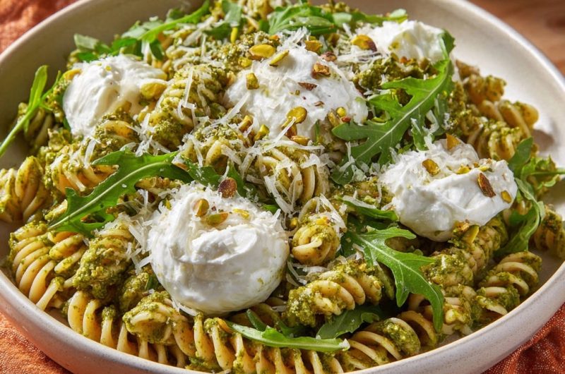 Creamy Pesto Fusilli with Burrata