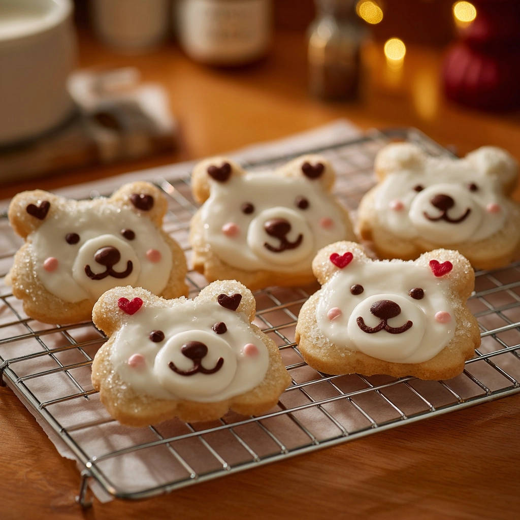 Adorable bear sugar cookies with white icing and heart details cooling on a wire rack.
