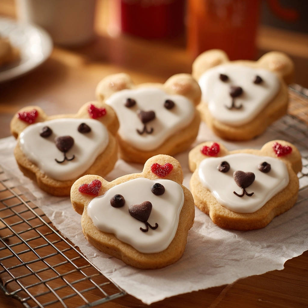 Adorable bear sugar cookies with white icing and heart details cooling on a wire rack.