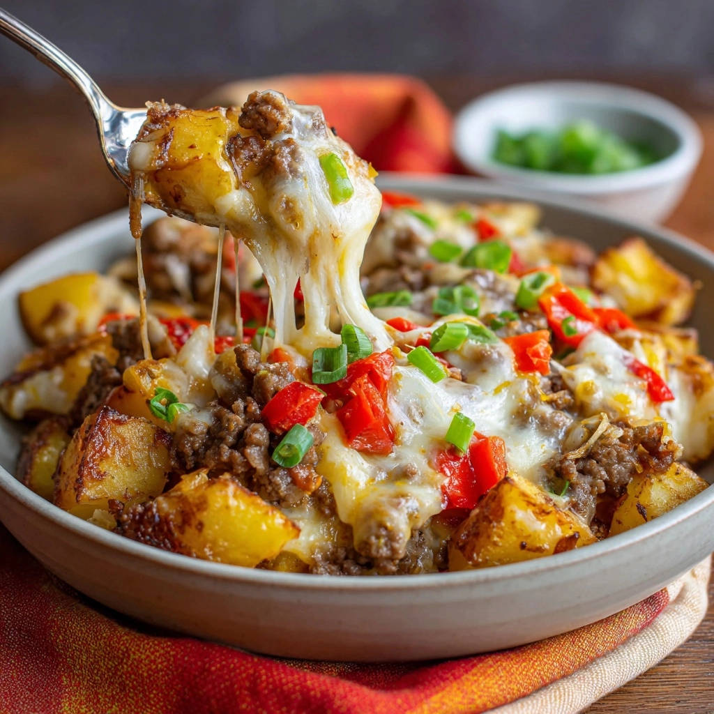 Hearty beef &amp; potato skillet with a spoonful of melted cheese being lifted, showing delicious ingredients.