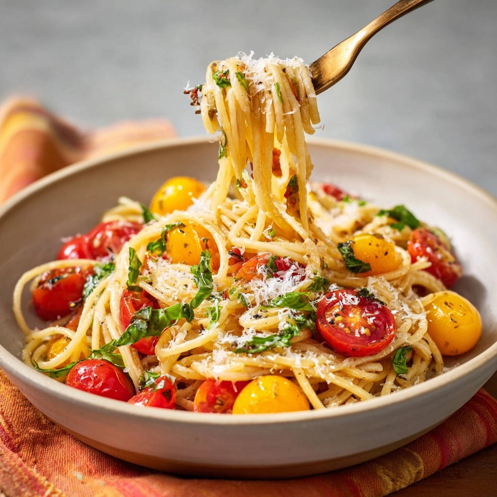 Easy Blistered Tomato & Basil Spaghetti with a fork lifting a portion, showcasing the clinging sauce and fresh ingredients.